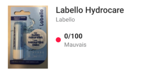 Capture d'écran du stick à lèvre labello et sa note sur Yuka qui est à 0 sur 100