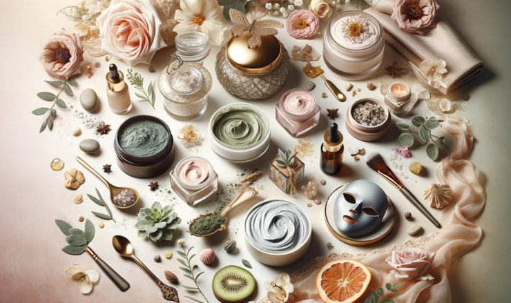 Image de couverture élégante et luxueuse pour un article de blog intitulé 'Top 10 Masques Anti-Âge 2024 pour Femmes : Guide Ultime pour une Peau Éclatante', montrant une collection artistique de masques faciaux naturels de haute qualité, disposés avec des ingrédients organiques comme des herbes, des fruits, et des fleurs, dans des pots en verre sur un fond serein aux couleurs pastel, évoquant la beauté naturelle et la régénératio