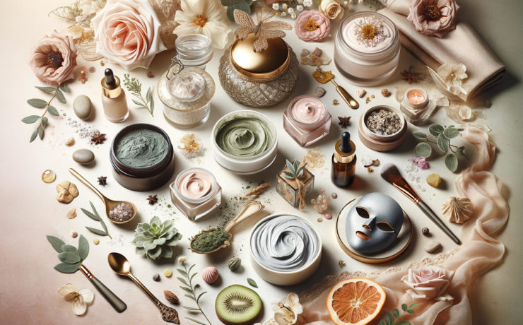 Image de couverture élégante et luxueuse pour un article de blog intitulé 'Top 10 Masques Anti-Âge 2024 pour Femmes : Guide Ultime pour une Peau Éclatante', montrant une collection artistique de masques faciaux naturels de haute qualité, disposés avec des ingrédients organiques comme des herbes, des fruits, et des fleurs, dans des pots en verre sur un fond serein aux couleurs pastel, évoquant la beauté naturelle et la régénératio