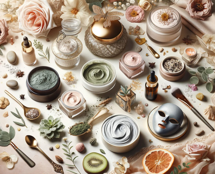 Image de couverture élégante et luxueuse pour un article de blog intitulé 'Top 10 Masques Anti-Âge 2024 pour Femmes : Guide Ultime pour une Peau Éclatante', montrant une collection artistique de masques faciaux naturels de haute qualité, disposés avec des ingrédients organiques comme des herbes, des fruits, et des fleurs, dans des pots en verre sur un fond serein aux couleurs pastel, évoquant la beauté naturelle et la régénératio