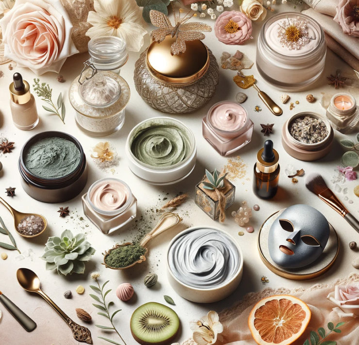 Image de couverture élégante et luxueuse pour un article de blog intitulé 'Top 10 Masques Anti-Âge 2024 pour Femmes : Guide Ultime pour une Peau Éclatante', montrant une collection artistique de masques faciaux naturels de haute qualité, disposés avec des ingrédients organiques comme des herbes, des fruits, et des fleurs, dans des pots en verre sur un fond serein aux couleurs pastel, évoquant la beauté naturelle et la régénératio