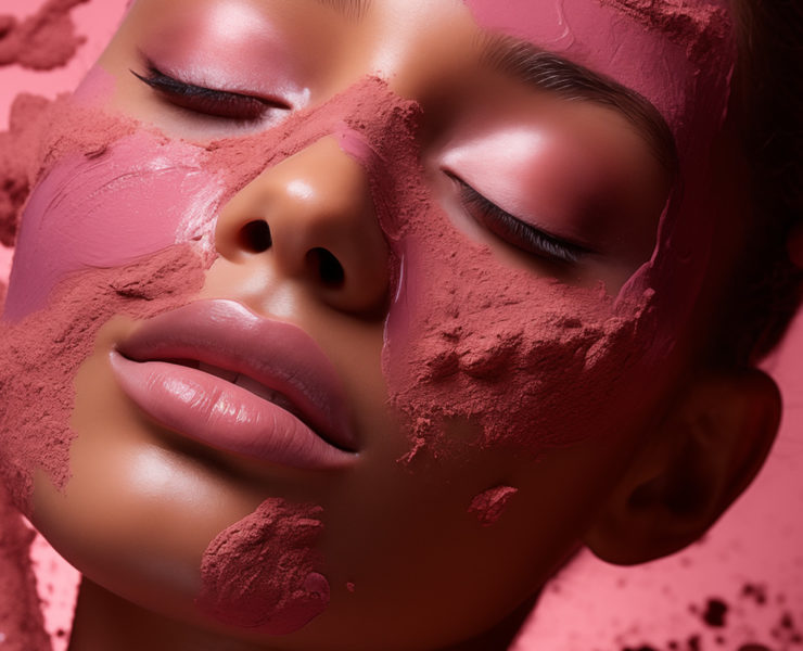 femme avec peinture et pigment rose sur le visage