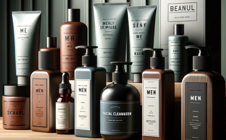 Collection variée de nettoyants pour le visage pour hommes de différentes marques, présentée sur une étagère en bois élégante dans un cadre moderne et sophistiqué, évoquant le luxe et l'aspect organique des produits de soins de la peau.