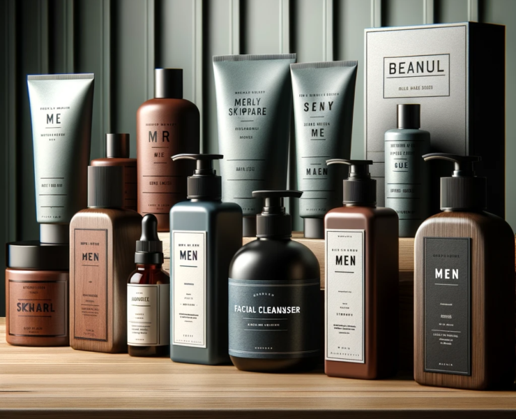 Collection variée de nettoyants pour le visage pour hommes de différentes marques, présentée sur une étagère en bois élégante dans un cadre moderne et sophistiqué, évoquant le luxe et l'aspect organique des produits de soins de la peau.