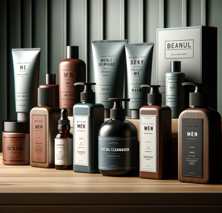 Collection variée de nettoyants pour le visage pour hommes de différentes marques, présentée sur une étagère en bois élégante dans un cadre moderne et sophistiqué, évoquant le luxe et l'aspect organique des produits de soins de la peau.
