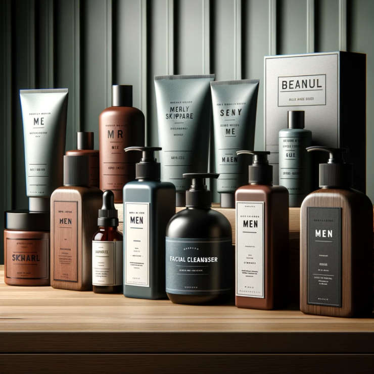 Collection variée de nettoyants pour le visage pour hommes de différentes marques, présentée sur une étagère en bois élégante dans un cadre moderne et sophistiqué, évoquant le luxe et l'aspect organique des produits de soins de la peau.